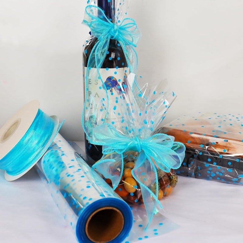 CMFYHM Clear Cellophane Wrap Roll (34" x 100’Ft) Blue Polka Dot Cellophane, Transparent Cellophane Wrap Roll for Treats, Gifts, Baskets, Flowers, Birthday Party,Easter, Christmas Decorations - Image 3